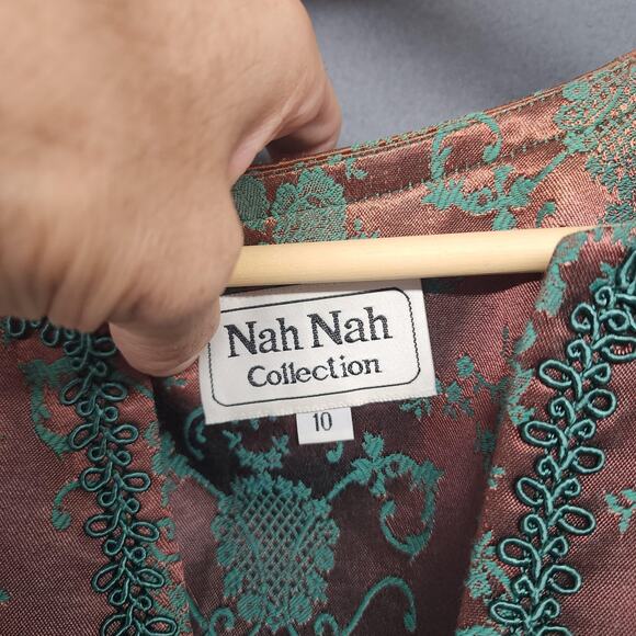 Womens Victorian Style Dress Jacket Set 10 Green Brown Brocade Pleated Oriental - Picture 3 of 16